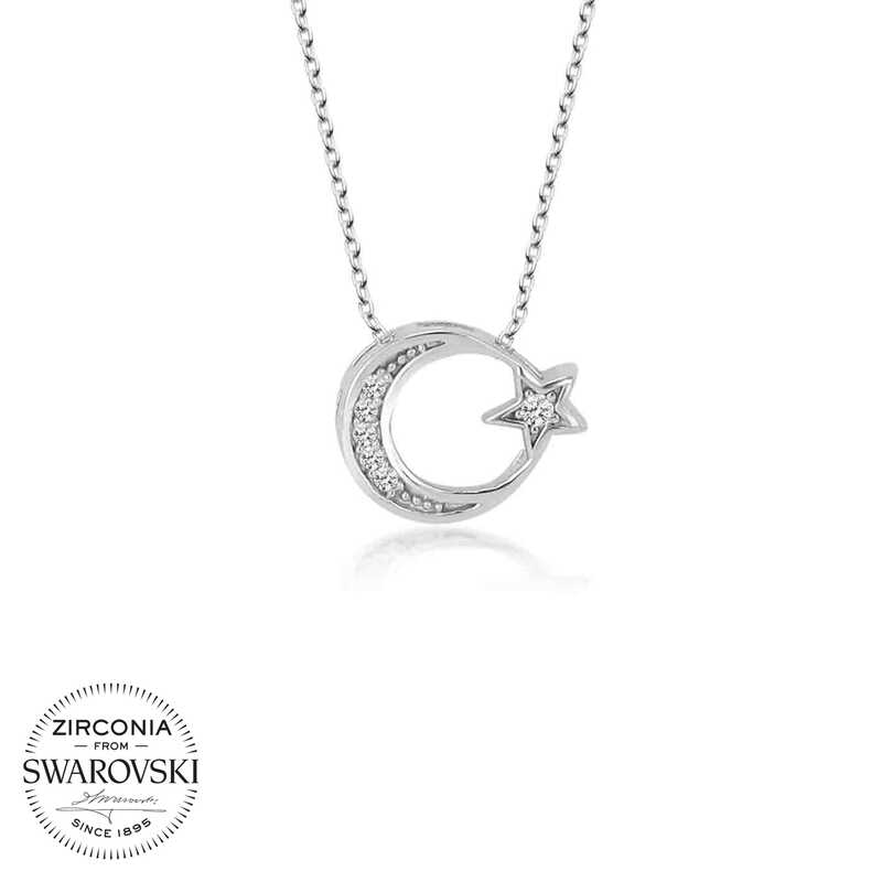 Swarovski%20Taşlı%20Gümüş%20Ayyıldız%20Bayan%20Kolye