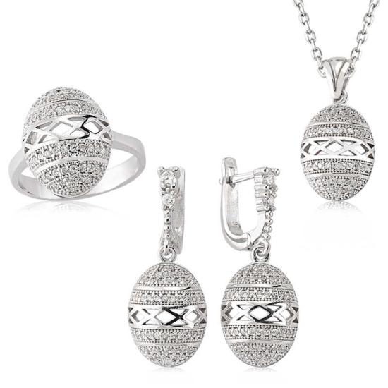 Gümüş Zirkon Taşlı Oval Bayan Set